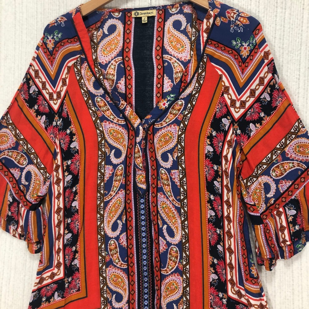 Democracy‎ Paisley Print Kimono Top Women's L Tie Neck Flared Sleeve Blouse